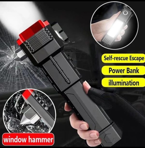 High-power Led Torch Rechargeable Flashlight with Tactical Hammer & Phone Power Bank – with Box (Random Colour )