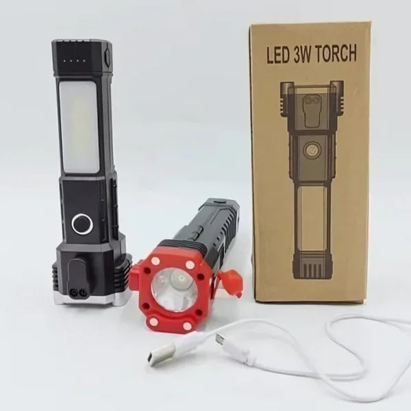 High-power Led Torch Rechargeable Flashlight with Tactical Hammer & Phone Power Bank – with Box (Random Colour )