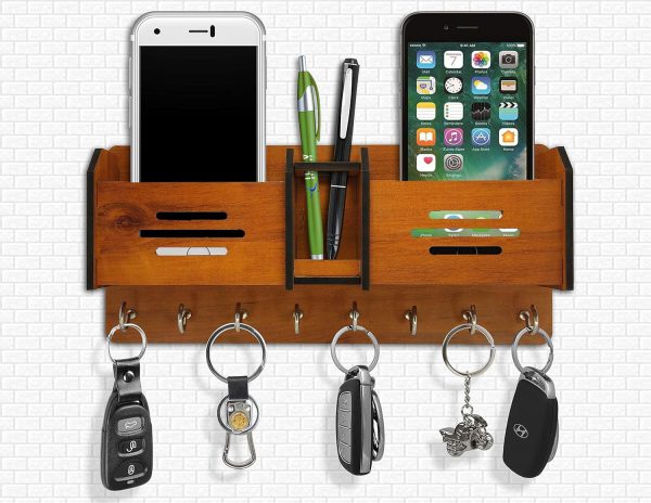 Multi-Functional Wooden Key & Mobile Wall Holder – Stylish & Space-Saving
