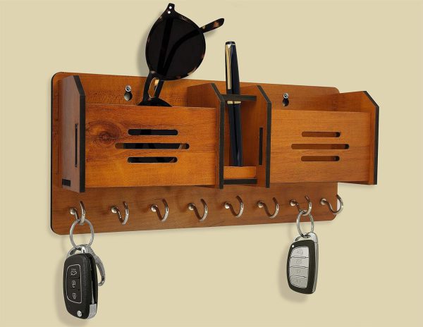Multi-Functional Wooden Key & Mobile Wall Holder – Stylish & Space-Saving