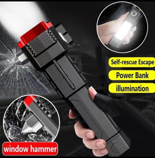 High-power Led Torch Rechargeable Flashlight with Tactical Hammer & Phone Power Bank – with Box (Random Colour )
