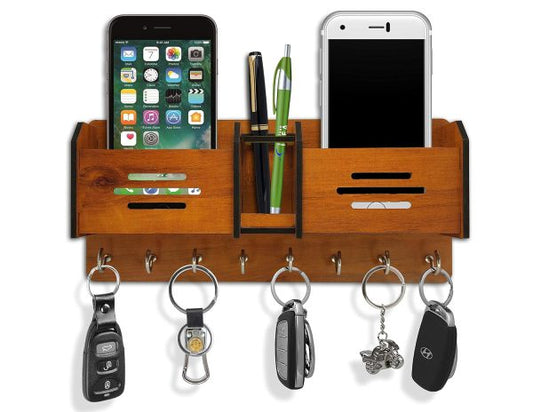Multi-Functional Wooden Key &amp; Mobile Wall Holder – Stylish &amp; Space-Saving