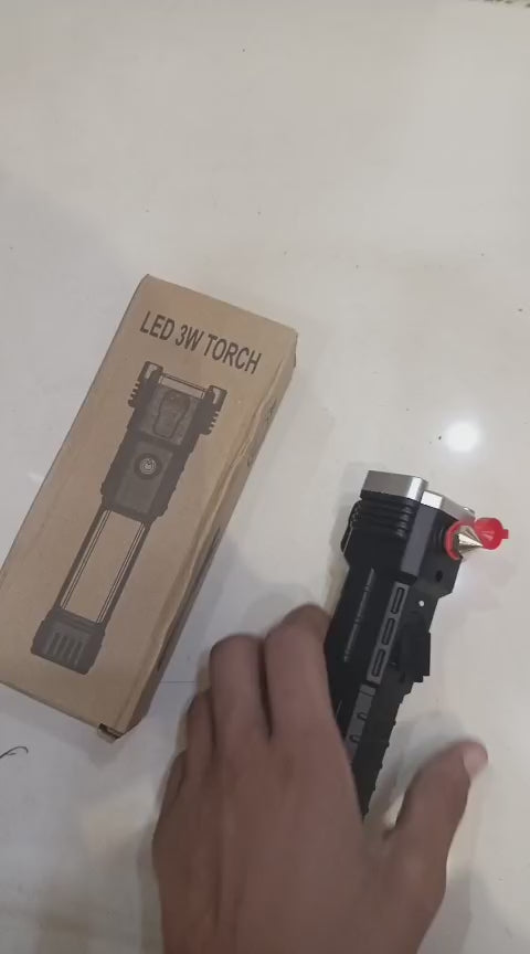 High-power Led Torch Rechargeable Flashlight with Tactical Hammer & Phone Power Bank – with Box (Random Colour )